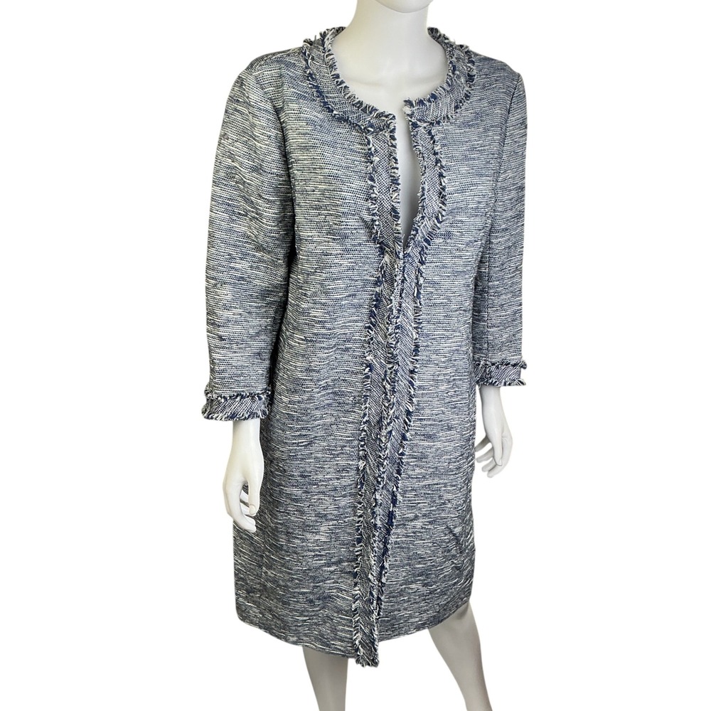 Anne‎ Klein Blue White Tweed Longline Fringed Topper Jacket Size 12 NEW - Picture 4 of 16